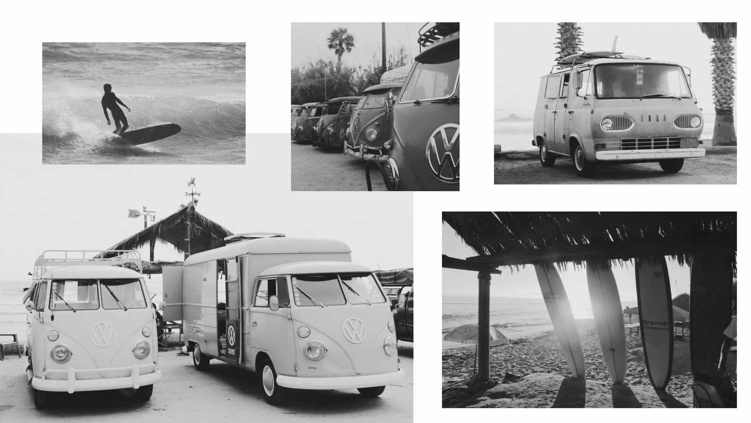 A deorative collage of San onofre images, cars, surfboards and surfers 