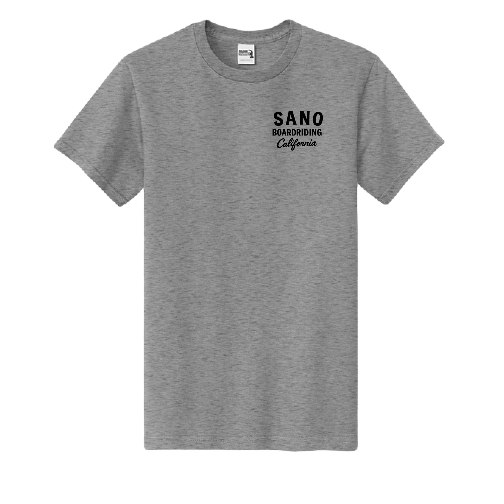 A heather gray short-sleeve crewneck t-shirt with a black graphic print on the left chest that reads 'SANO BOARDBOARDING California'.