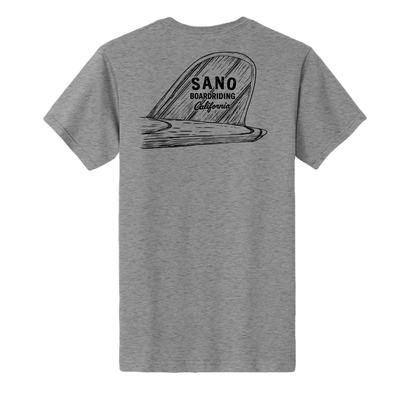 A heather gray short-sleeve t-shirt shown from the back, featuring a black graphic of a fin with the text 'SANO BOARDGRIDING California'.