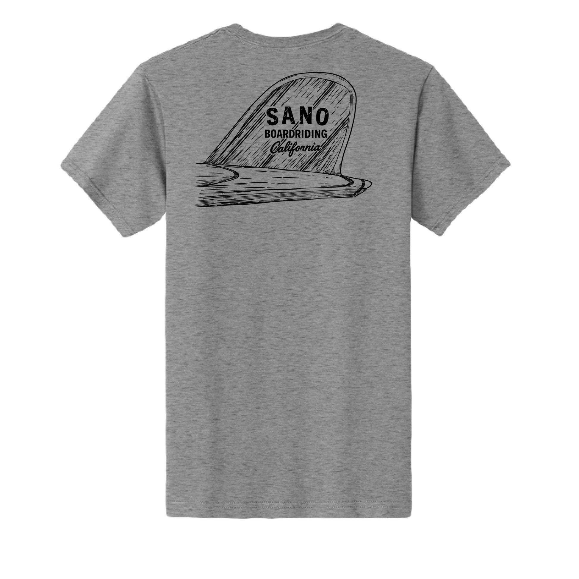 A heather gray short-sleeve t-shirt shown from the back, featuring a black graphic of a fin with the text 'SANO BOARDGRIDING California'.