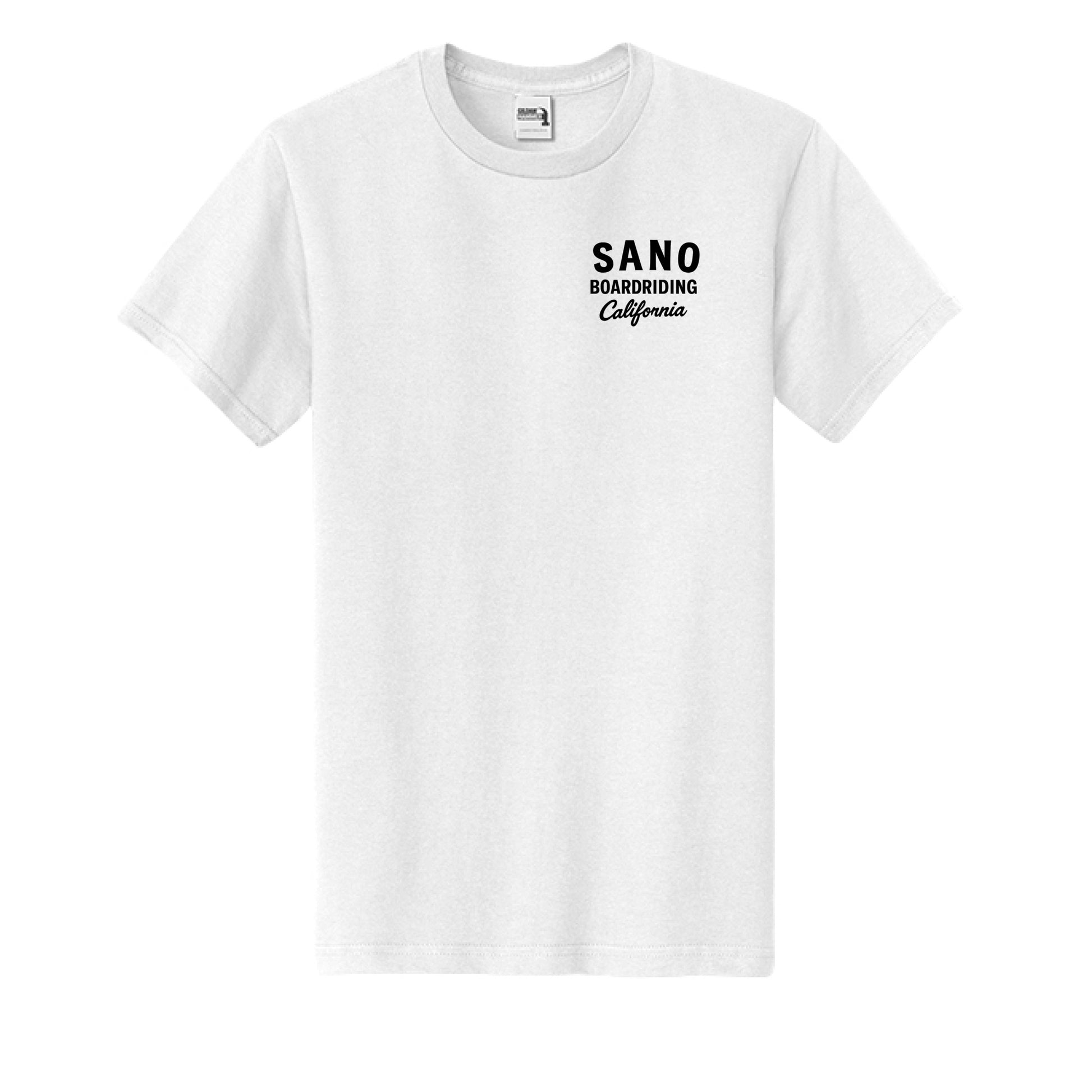 A white short-sleeve crewneck t-shirt with black text on the left chest reading 'SANO BOARDBOARDING California'.