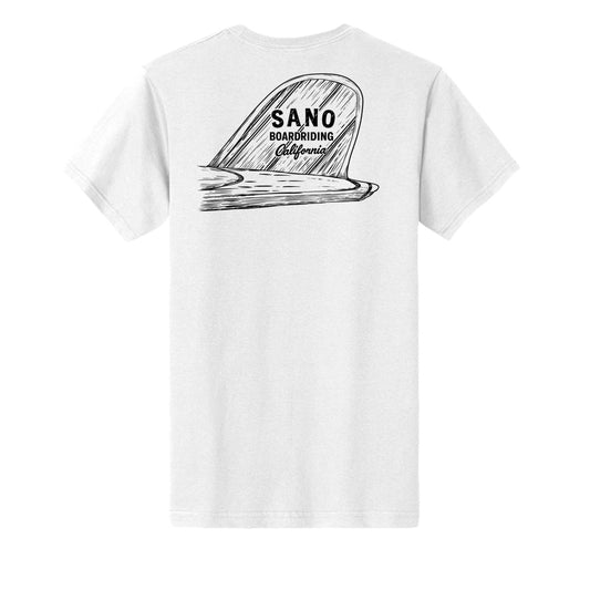 A white short-sleeve t-shirt shown from the back, featuring a black graphic of a surfboard  fin with the text 'SANO DIAMONDING California' printed on it.