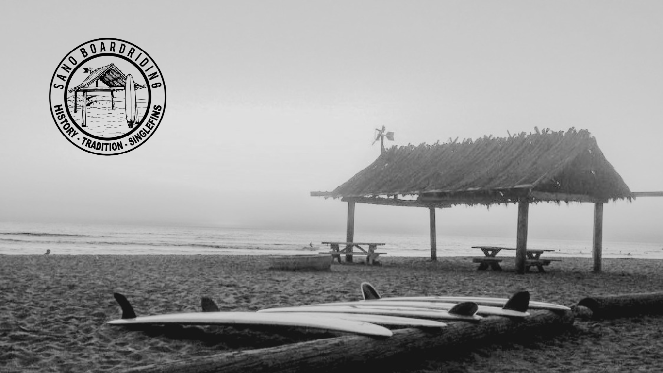 An image of San onofre beach at the SanO hut l picnic table, ocean and surfboards resting on a log 