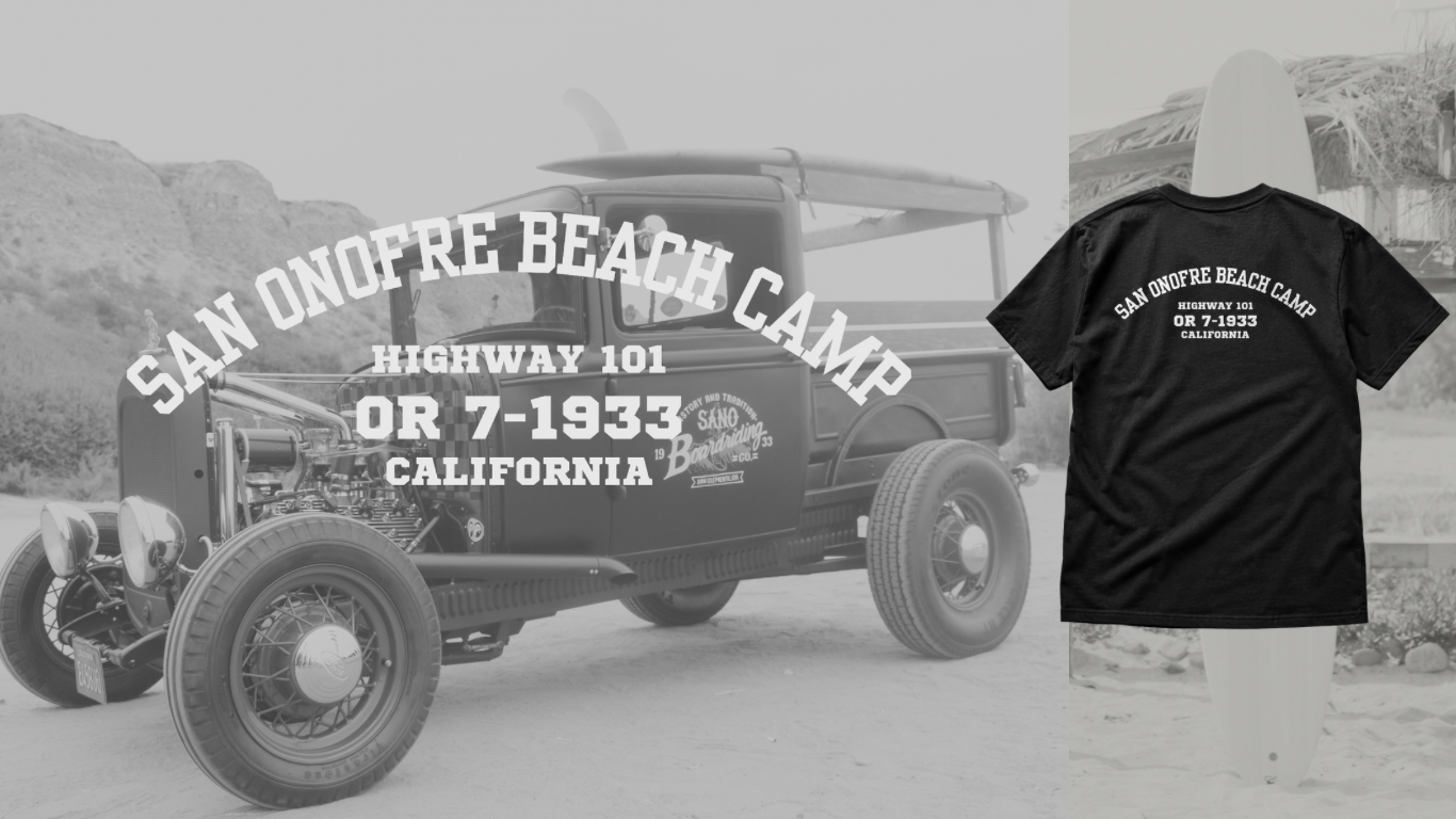 1930 model a truck with with San onofre beach camp, highway 101 , or 7 1933, California , text design on a black T-shirt 