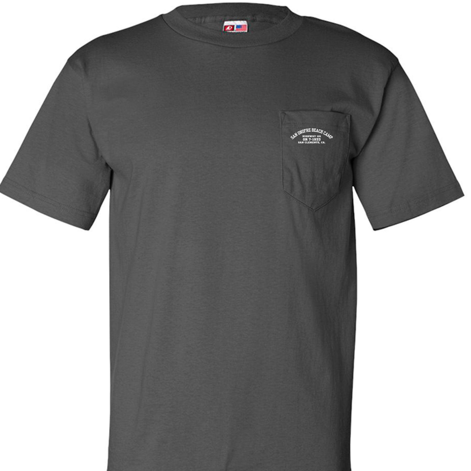 A dark gray crewneck pocket t-shirt with a small white graphic printed on the left chest pocket. The shirt is displayed on a clean white background.