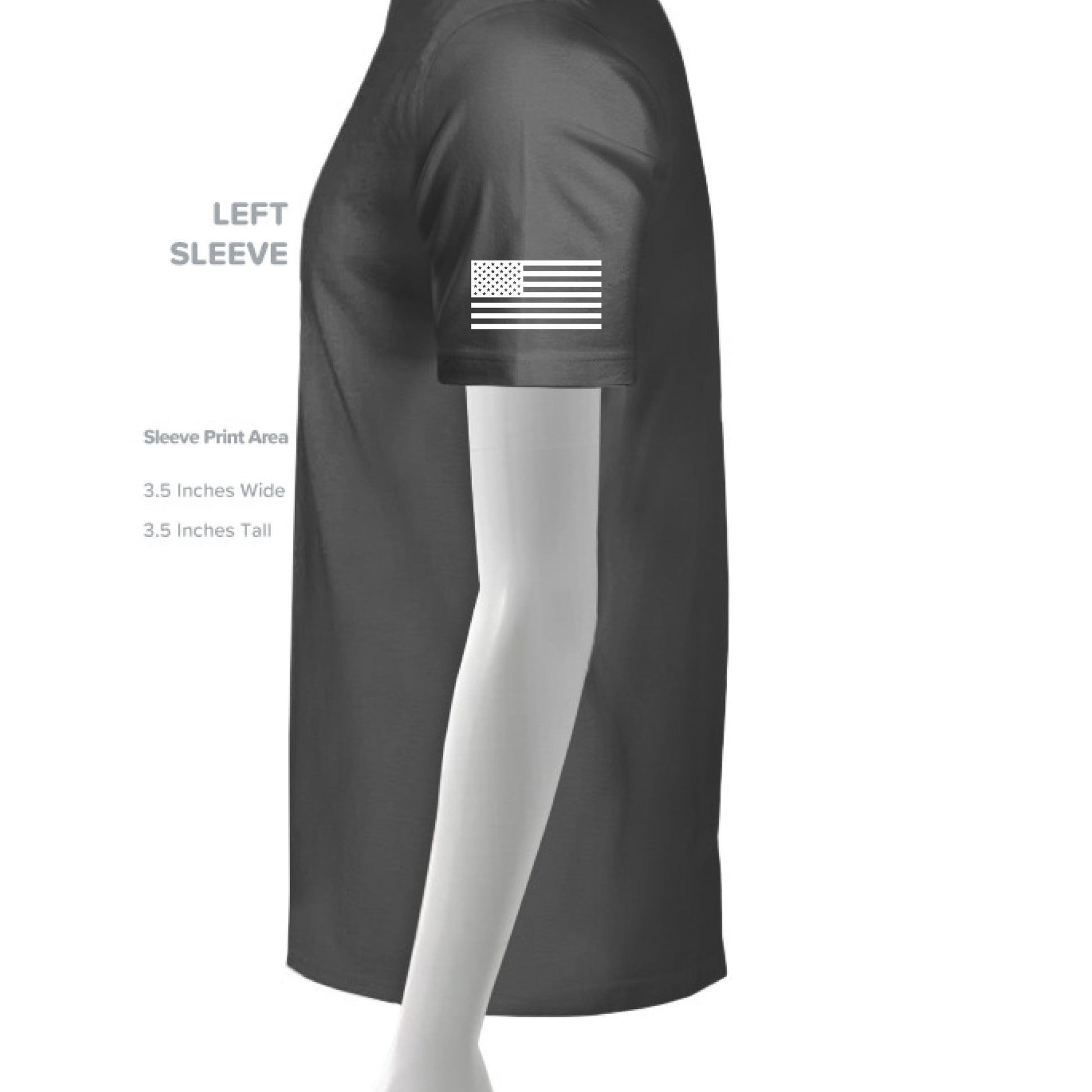 Side view of a dark gray short-sleeve t-shirt on a white mannequin, showing a white American flag graphic printed on the left sleeve. Text on the left indicates the left sleeve print area is 3.